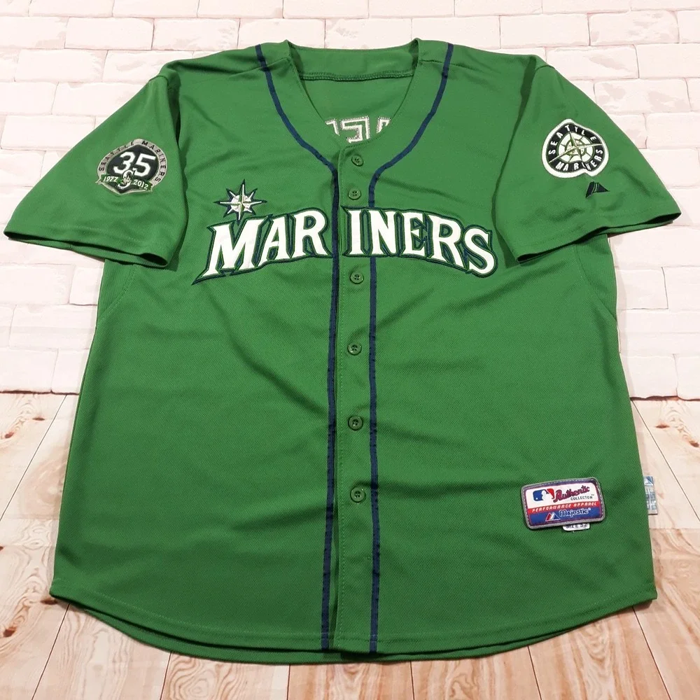 Majestic Seattle Mariners Ken Griffey Jr Jersey 35th Anniversary Patch Mens 52